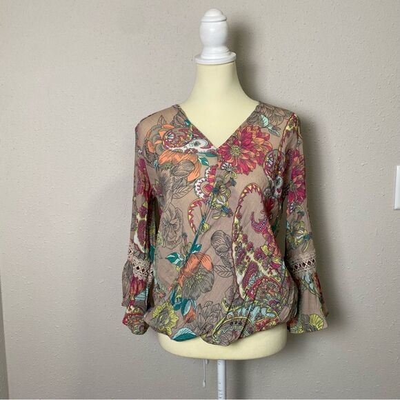 Spense Floral Paisley Colorful Boho Bell Sleeve Blouse Women's Size Small - Picture 12 of 16